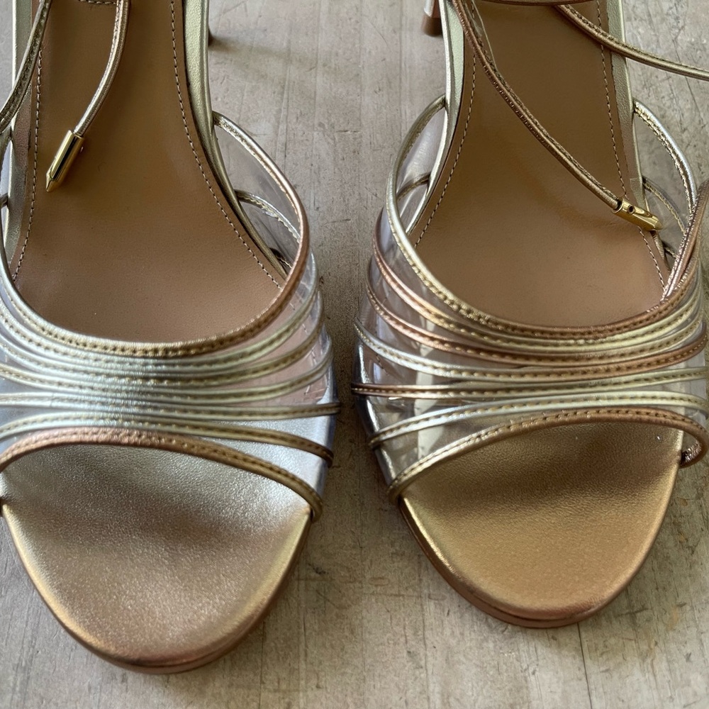 Aquazzura Call Me 85 Leather and PVC sandal in Gold, NWB, SZ 39 - Picture 10 of 16